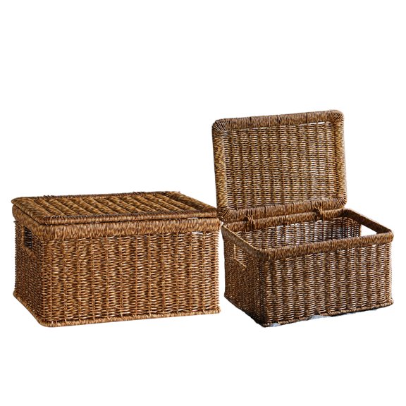 YAFABROO 2 Pack Plastic Woven Storage Boxes with Flip-Top Lids, Multipurpose Container for Home, Office, Closet – Farmhouse