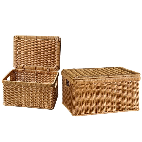 YAFABROO 2 Pack Plastic Woven Storage Boxes with Flip-Top Lids, Multipurpose Container for Home, Office, Closet – Farmhouse