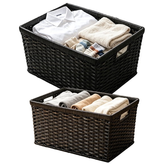 YAFABROO 2-Piece Rectangular Storage Basket, Plastic Woven Organizer Bin for Clothes, Towels, and Toys