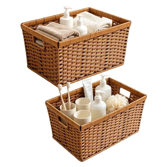 YAFABROO 2-Piece Rectangular Storage Basket, Plastic Woven Organizer Bin for Clothes, Towels, and Toys