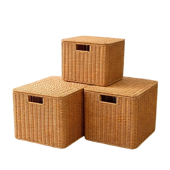 YAFABROO 3 Pack Plastic Woven Storage Boxes with Lids, Multipurpose Stackable Storage Chests for Home, Office, Closet Farmhouse