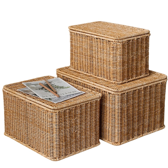 YAFABROO 3 Pack Storage Chests Lidded Plastic Wicker Storage Boxes, Large Capacity Stackable Organizer for Toys, Clothes, Magazines
