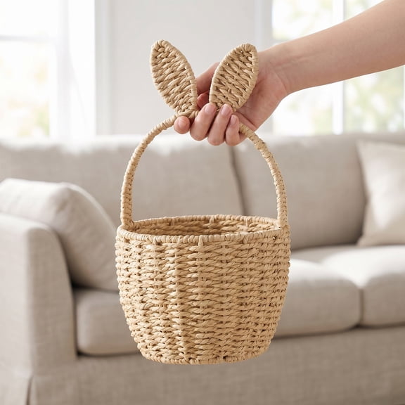 YAFABROO Handwoven Paper Rope Bunny Ear Basket, Easter Gift Storage Tote for Toys, Cosmetics Farmhouse Storage Organizer