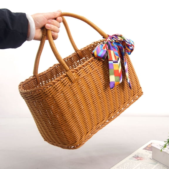 YAFABROO Plastic Picnic Basket with Handle, Farmhouse Storage Tote for Shopping, Grocery, Gifts, Natural
