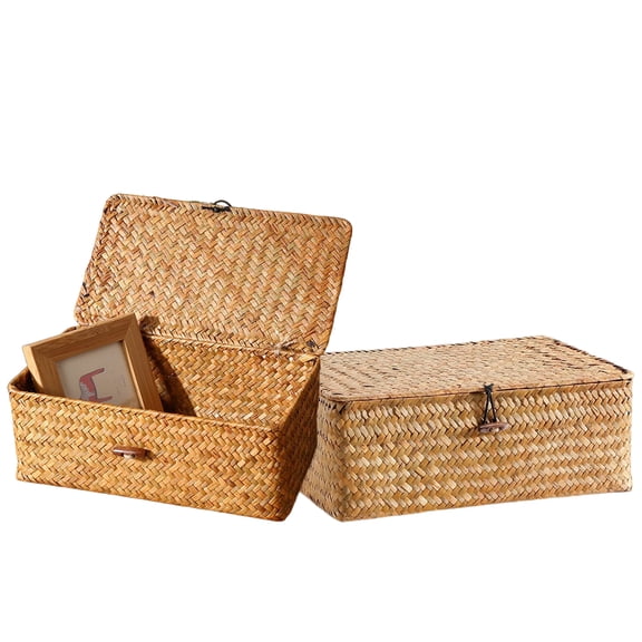 YAFABROO Set of 2 Handwoven Seagrass Storage Boxes with Lids, Natural Wicker Organizer for Cosmetics, Jewelry, Home Farmhouse