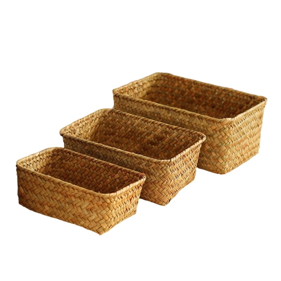 YAFABROO Set of 3 Handwoven Seagrass Storage Baskets, Rectangular Organizer for Snacks, Cosmetics, Desk