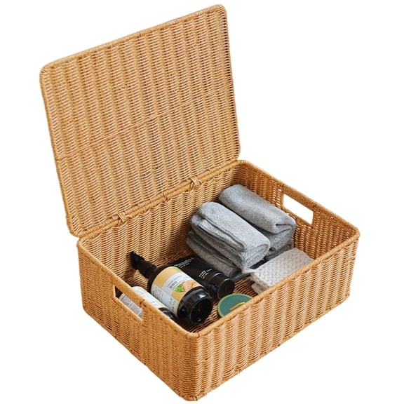 YAFABROO Wide Flat Plastic Wicker Storage Box with Flip Lid, Large Capacity Organizer for Clothes, Toys, Books Farmhouse Storage Chests
