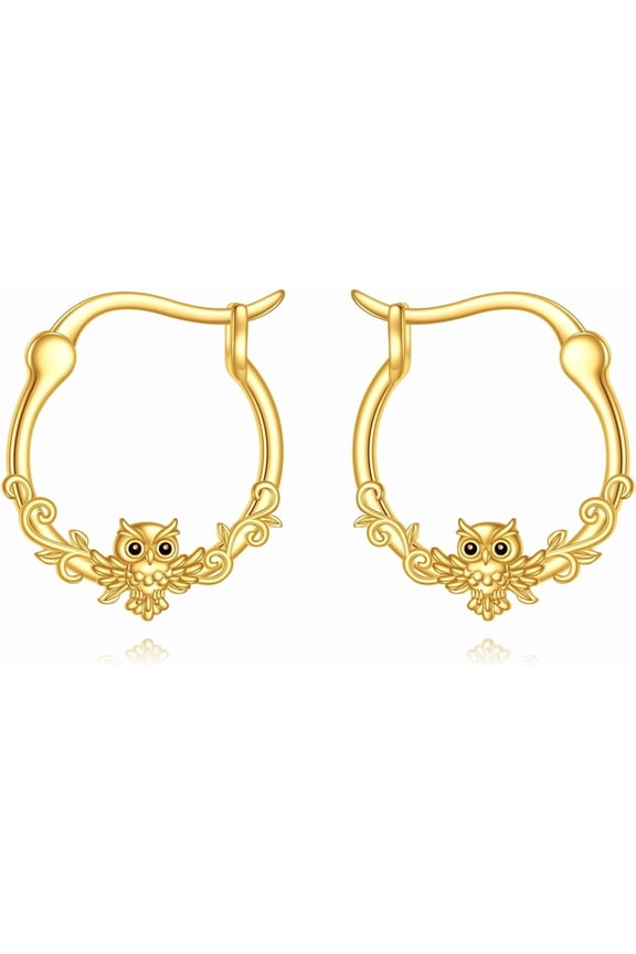 10K Solid Gold Owl Hoop Earrings Real Gold Animal-Inspired Jewelry Gifts for Women