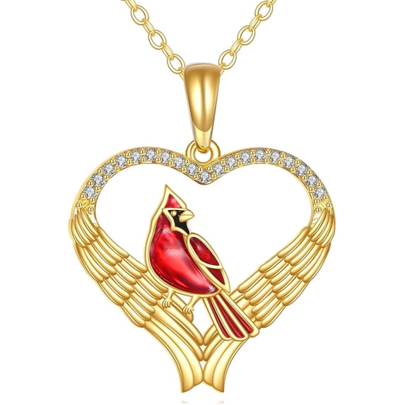 YAFEINI 10K Solid Gold Red Cardinal Necklace Heart Bird Pendant Cute Animal Jewelry Gifts for Men Women