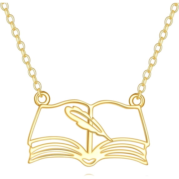 YAFEINI 14K Gold Book Necklace for Women Quill Pen Jewelry Reading Writing for Book Lovers Teacher Appreciation Gifts Graduation Jewelry