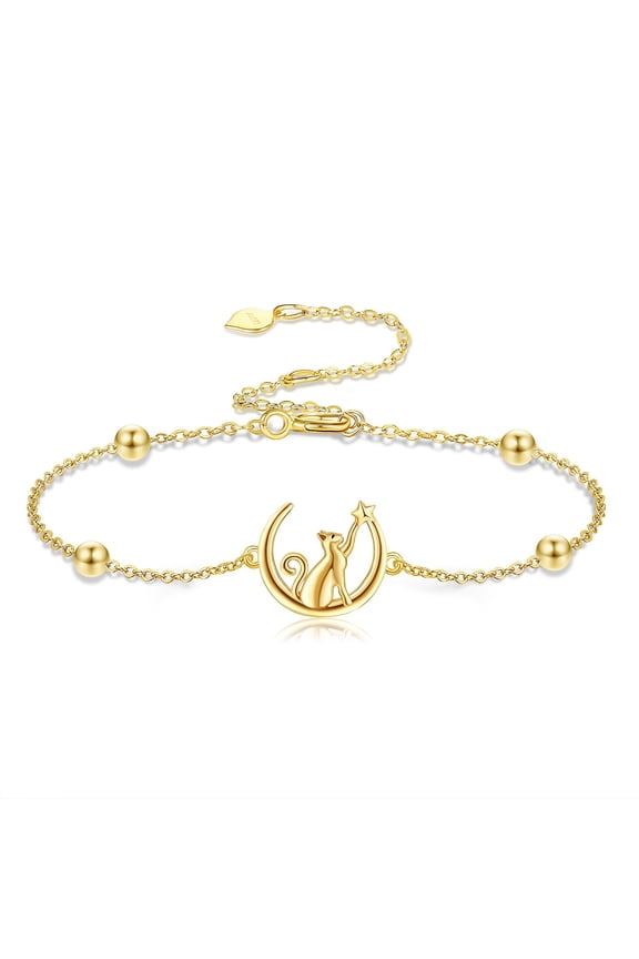 14K Gold Cat Bracelet for Women Real Gold Moon Bracelet Solid Gold Moon Cat Jewelry Gifts for Her