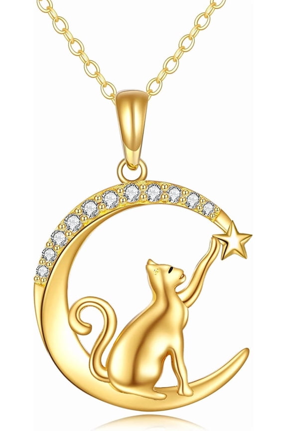 14K Gold Cat Necklace for Women Solid Yellow Gold Cat Jewelry Cat Gifts for Cat Lover