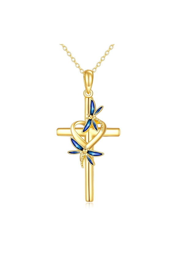 14K Gold Dragonfly Cross Necklace Gifts for Women Gold Dragonfly Pendant Jewelry for Mother Daughter (dragonfly)