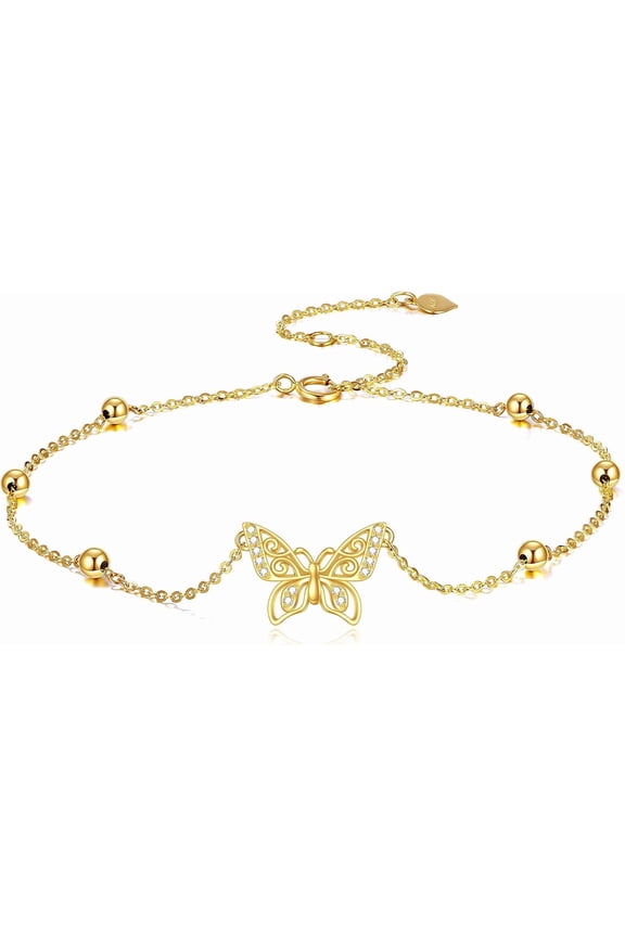 14K Gold Layered Chain Anklet Solid Gold Evil Eye Anklet for Women Butterfly Ankle Bracelet Beach Jewelry Gifts for Her Birthday