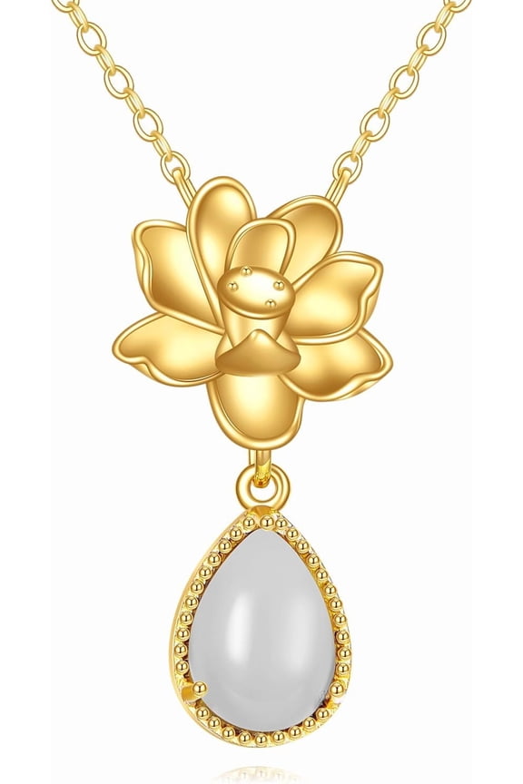 14K Gold Lotus Flower Necklace Delicate Lotus Flower Chalcedony Pendant Jewelry for Women Birthday Valentines Day Gifts for Her Mom Wife