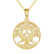 YAFEINI 14K Gold Pentagram Pentacle Necklace Triple Moon Goddess Pentacle Necklace for Women Real Yellow Gold Pagan Wiccan Magic Amulet Jewelry Gifts