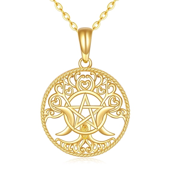 YAFEINI 14K Gold Pentagram Pentacle Necklace Triple Moon Goddess Pentacle Necklace for Women Real Yellow Gold Pagan Wiccan Magic Amulet Jewelry Gifts