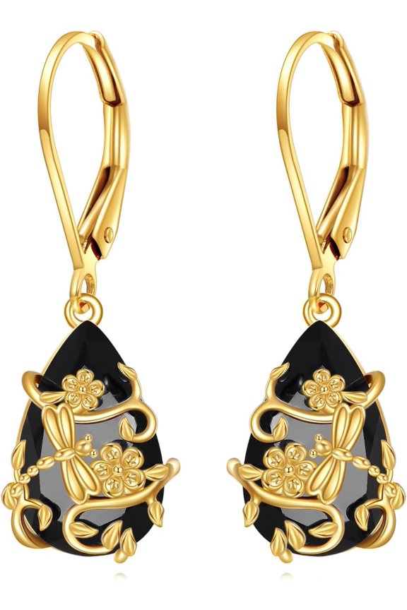 14K Real Gold Black Crystal Earrings Dangle Drop Dangling Earrings Solid Yellow Gold Jewelry Gifts for Women