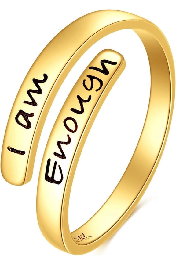 14K Real Gold Inspirational Ring Adjustable Open Ring Yellow Solid Gold Jewelry Gifts for Women Men