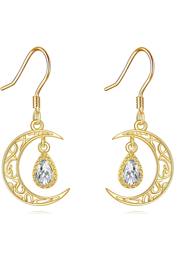 14K Solid Gold Celtic Moon Earrings Gold Moon Drop Earrings Celtic Jewelry Gifts for Women