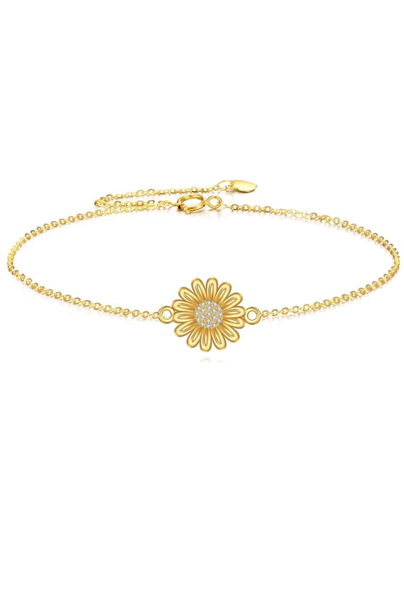 14K Solid Gold Daisy Bracelet for Women Real Yellow Gold Flower Bracelet Summer Jewelry Birthday Gifts for Wife Mom