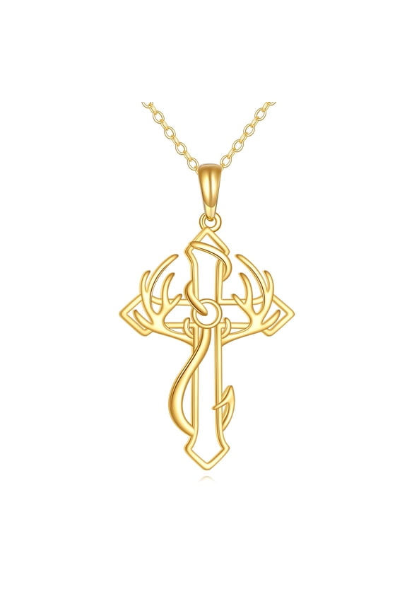 14K Solid Gold Fish Hook Cross Necklace Cross Pendant Religious Jewelry Gifts for Women Men