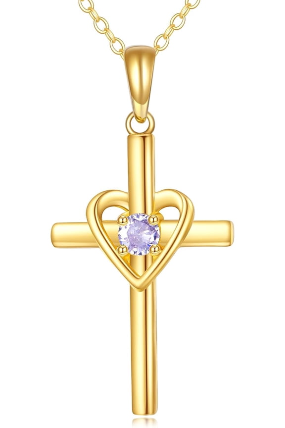14K Solid Gold June Birthstone Cross Pendant Necklace 14K Real Gold Light Purple Alexandrite Heart Cross Religious Jewelry Christian Gifts for Women