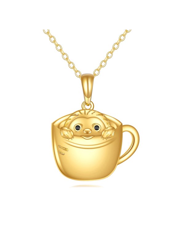 14K Solid Gold Sloth Necklace Cup Sloth Pendant Cute Animal Jewelry Gifts for Women Men