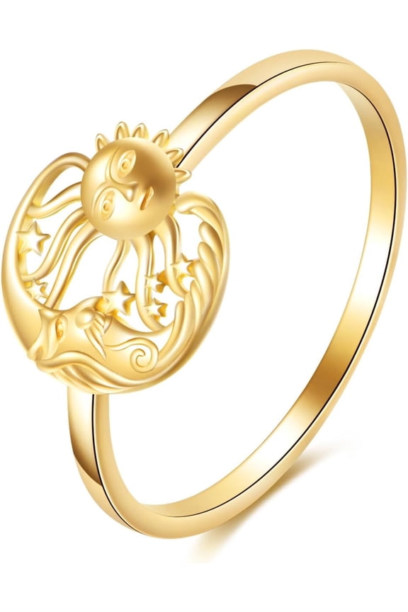 14K Solid Gold Sun Moon Star Ring Real Yellow Gold Jewelry Anniversary Birthday Gifts for Women