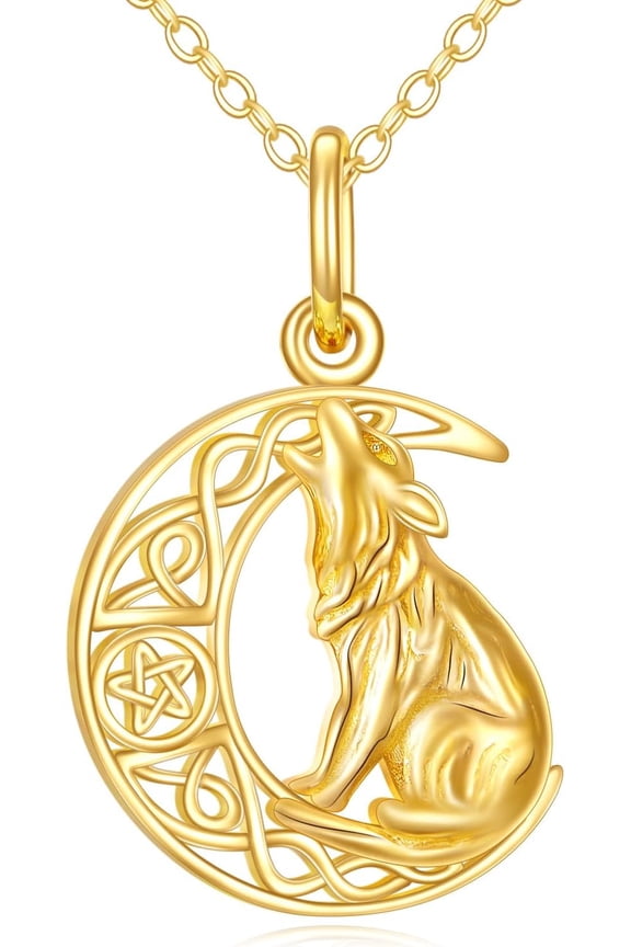14K Yellow Gold Viking Wolf Necklace Gifts for Men Women Moon Wolf Jewelry Norse Amulet Talisman