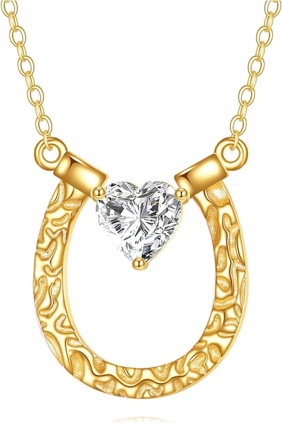 14k Gold Lucky Horseshoe Pendant Necklace Lucky Horse in Heart Moissanite Jewelry for Women