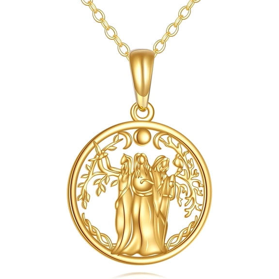 YAFEINI 14k Real Gold Triple Moon Goddess Hecate Necklace Pagan Wiccan Magic Amulet Tree of Life Jewelry for Women