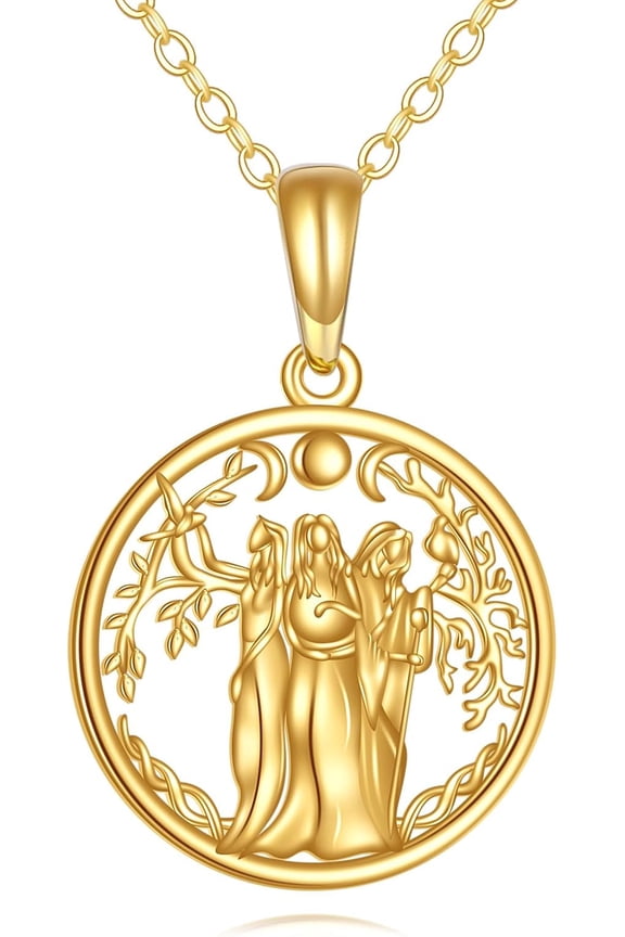 14k Real Gold Triple Moon Goddess Hecate Necklace Pagan Wiccan Magic Amulet Tree of Life Jewelry for Women