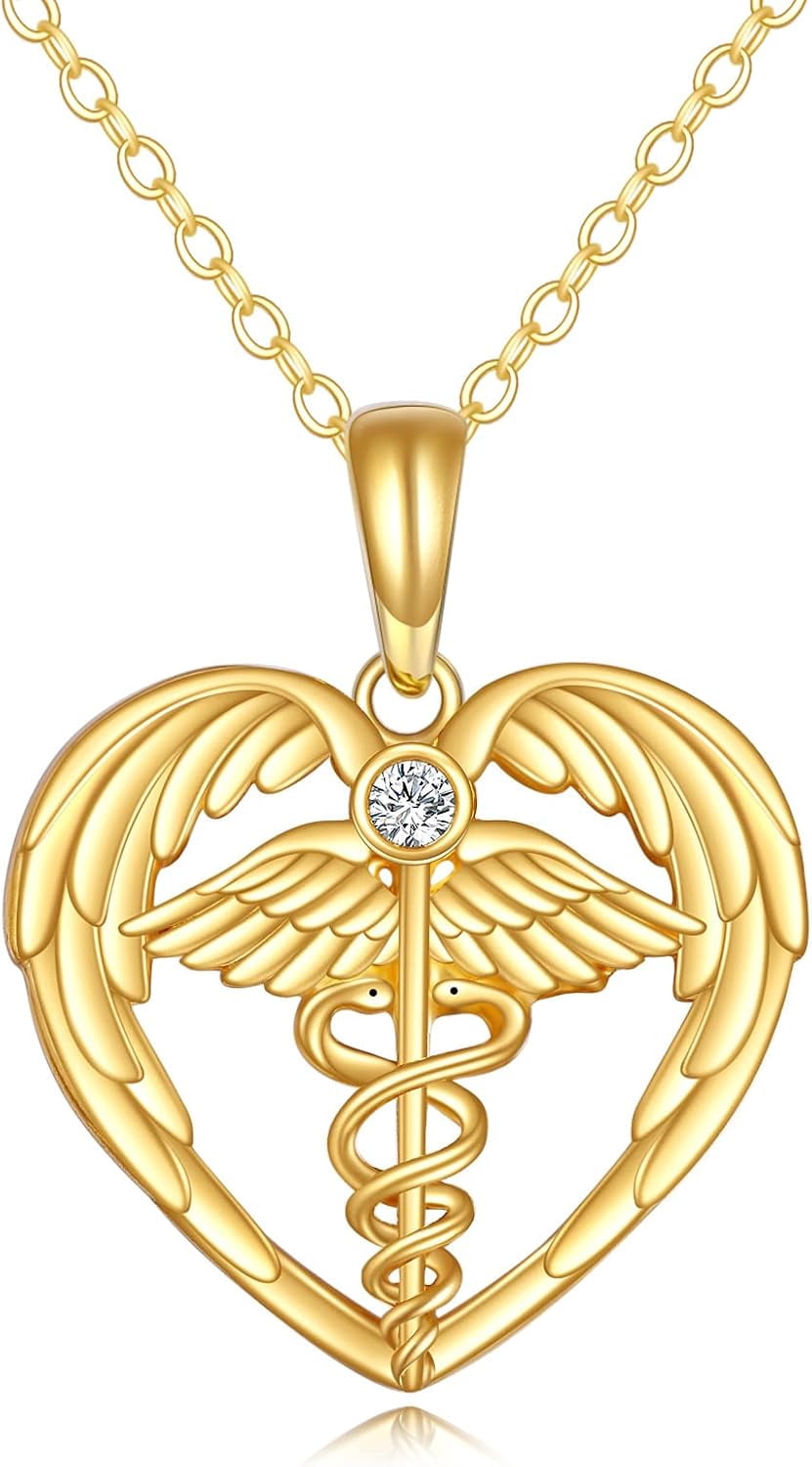 YAFEINI 14k Solid Gold Nurse Necklace for Women Real Gold Stethoscope Nursing Jewelry Gift