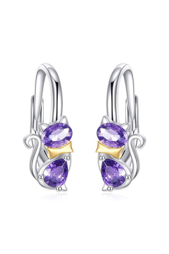 925 Sterling Silver Amethyst Cute Cat Huggie Hoop Earrings Cute Small Animal Cats Dangle Leverback Jewelry Gifts for women cat Lovers