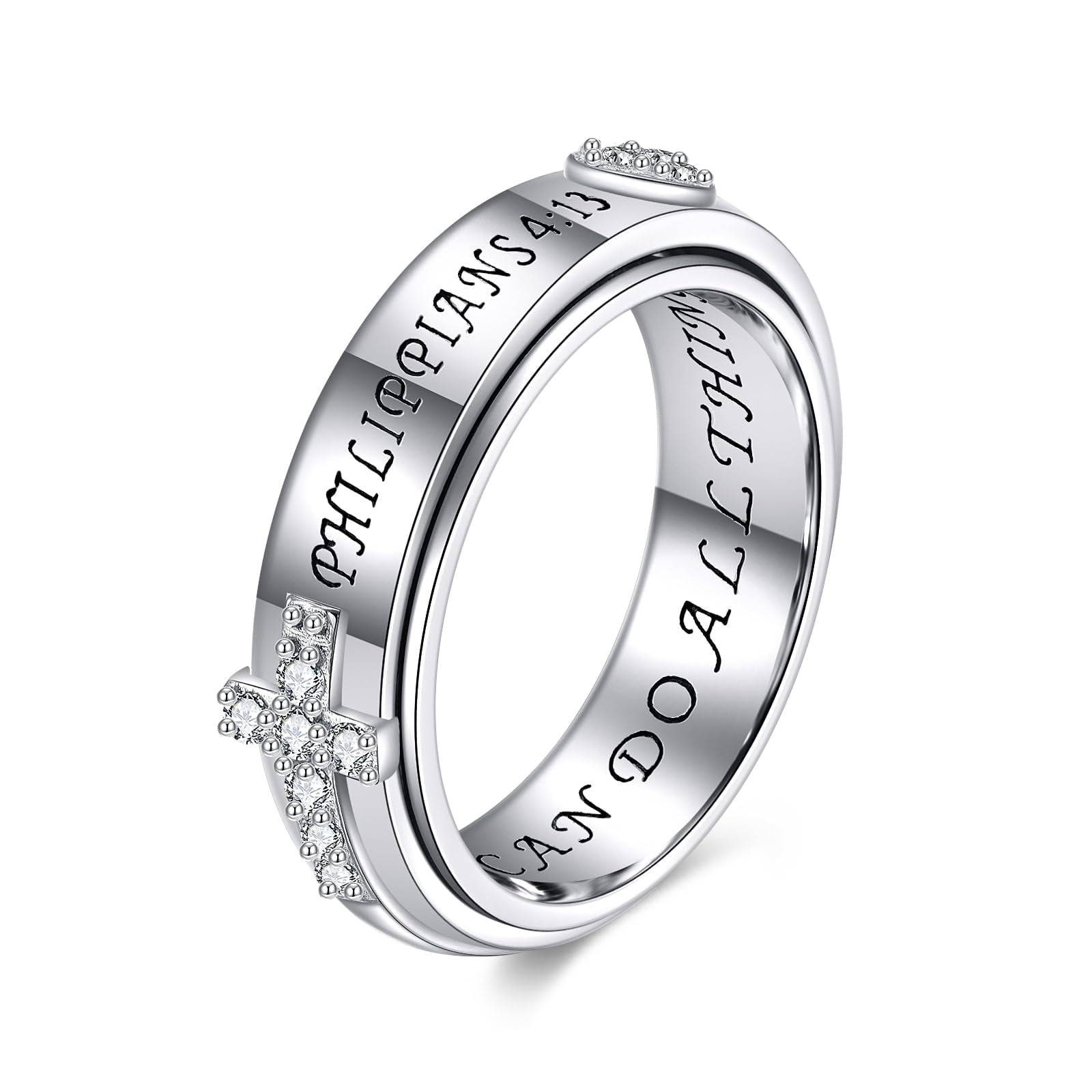 YAFEINI 925 Sterling Silver Anxiety Fidget Spinner Ring Cross Heart Engraved Ring Zircon Jewelry Gift for Women Men #7