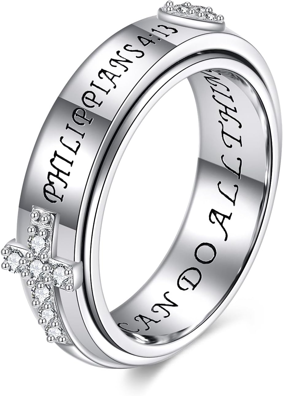 YAFEINI 925 Sterling Silver Anxiety Fidget Spinner Ring Size7/8 Cross Heart Engraved Ring Zircon Jewelry Gift for Women Men
