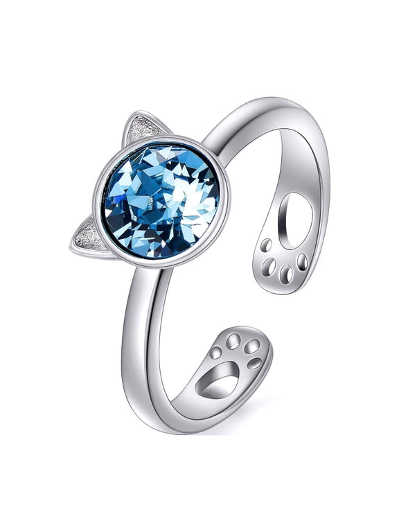 925 Sterling Silver Cute Kitty Cat Open Wrap Ring Adjustable Stacking Animal Bands Ring with Hollow Out Cat Paws and Created Blue Aquamarine Austrian Crystal