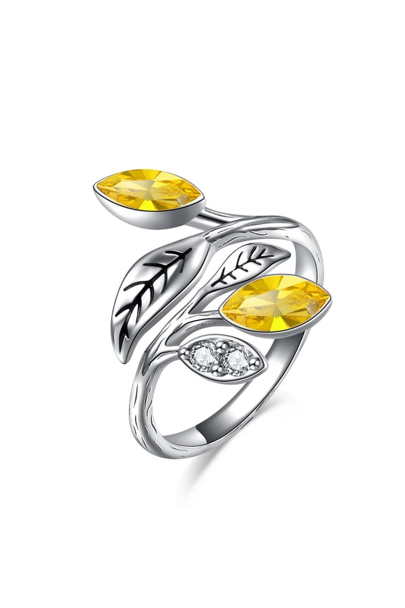 925 Sterling Silver Leaf Rings for Women Yellow Topaz Crystal November Birthstone Ring Jewelry Gifts for Wife Mothers Day Gifts