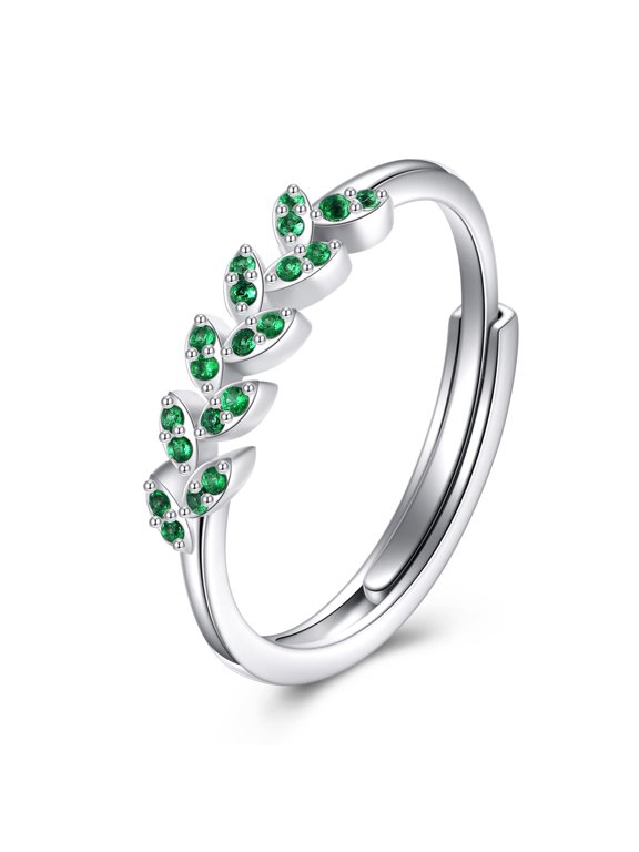 925 Sterling Silver Leaf Wrap Rings Green Cubic Zirconia Leaf Open Ring Adjustable Silver Leaves Hypoallergenic leaf jewelry for Women