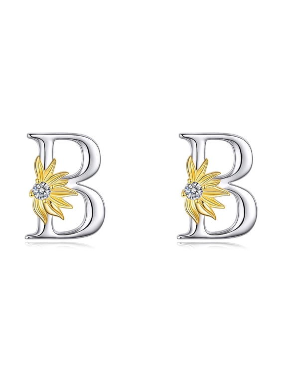 925 Sterling Silver Letter B Earrings for Women Sunflower Stud Earrings Initial B Jewelry Gift for Women (Initial B)