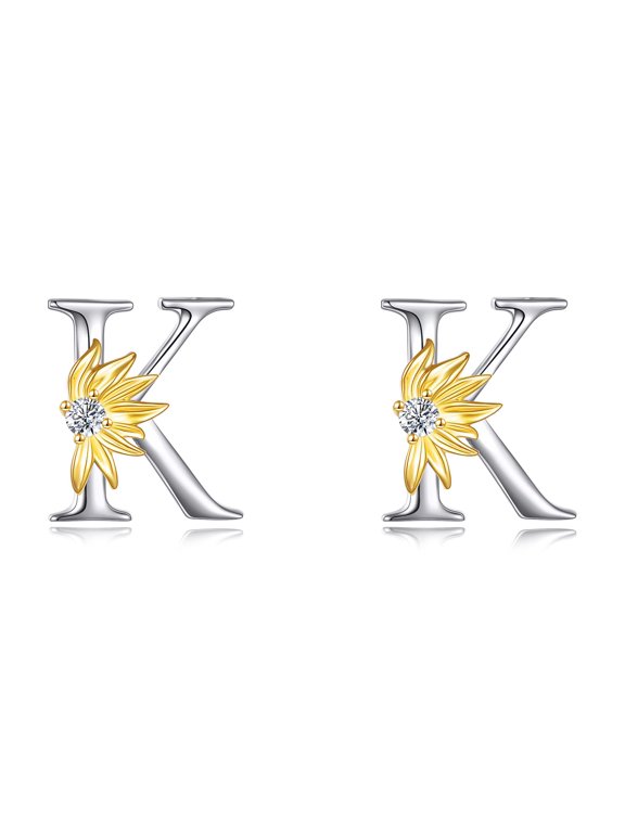 925 Sterling Silver Letter K Earrings for Women Sunflower Stud Earrings Initial K Jewelry Gift for Women (Initial K)