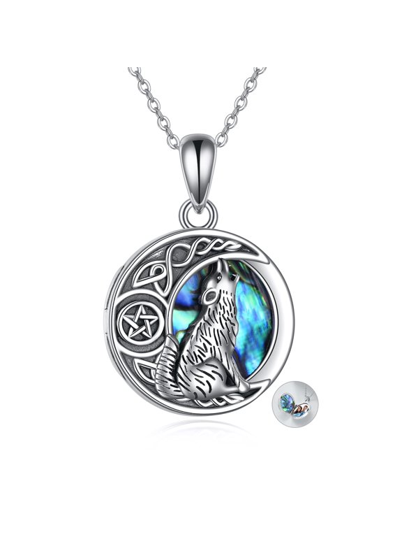 925 Sterling Silver Locket Necklace for Women Men Abalone Moon Wolf Photo Necklace Celtic Wolf Jewelry 18+2 inch