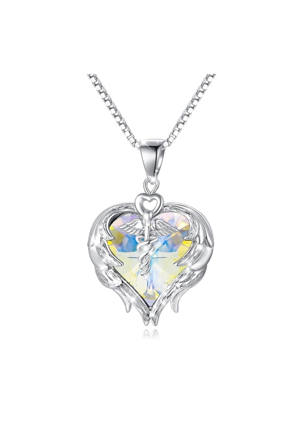 925 Sterling Silver Nurse Necklace with Caduceus Angel Wing Heart Charm, Nurse Jewelry Gift for Doctor Nurse Medical Student, Made with Austrian Crystal (White)
