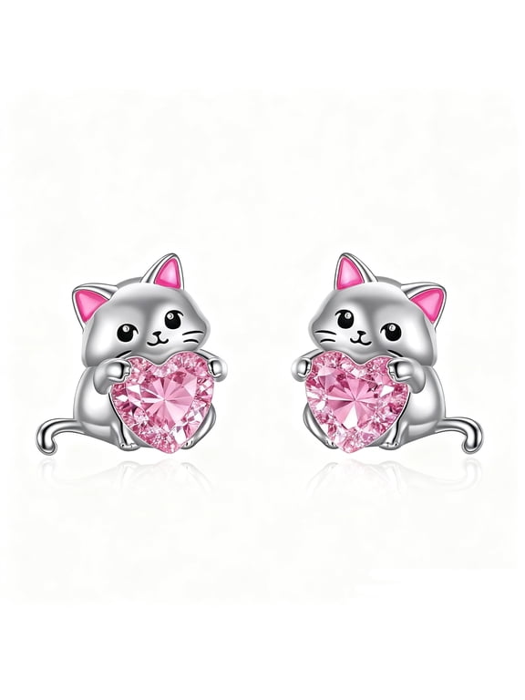925 Sterling Silver October Cat Stud Earrits for Women, Dainty Pink Birthstone Kitten Earrings(Oct-Pink-Tourmaline)