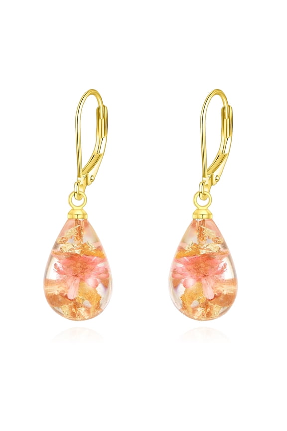 925 Sterling Silver Pink Pressed Flower Earrings Teardrop Dangle Drop Leverback Earrings for Women Jewelry