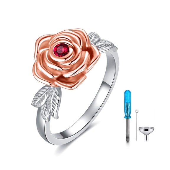 YAFEINI 925 Sterling Silver Rose Flower Cremation Urn Ring Holds Loved Ones Ashes Cremation Keepsake Ring Jewelry with Red Austrian Crystal Memorial Jewelry Gift for Women Mom (5)