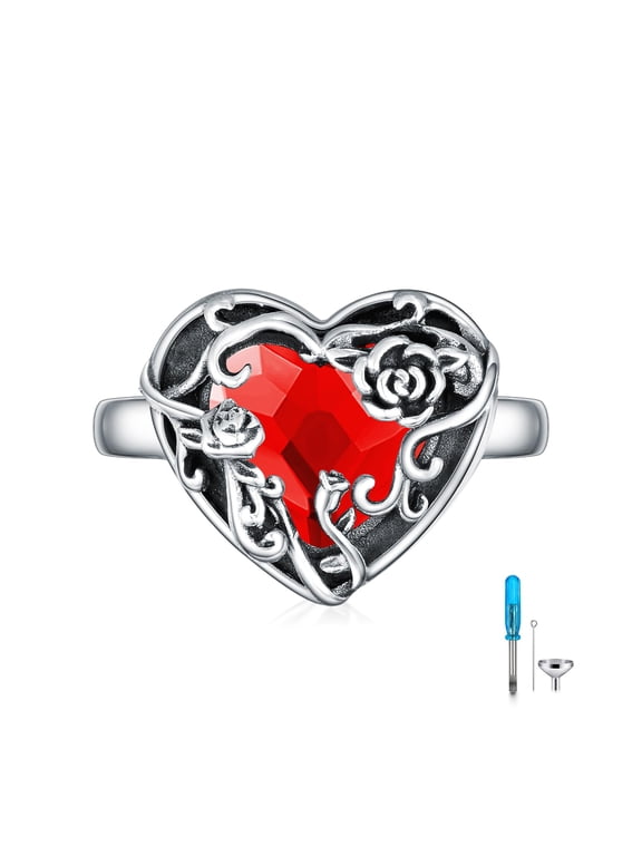925 Sterling Silver Rose Heart Cremation Ring Holds Loved One's Ashes,Heart Urn Ring For Women, Austrian Crystal Decoration Memorial Keepsake Ring-3