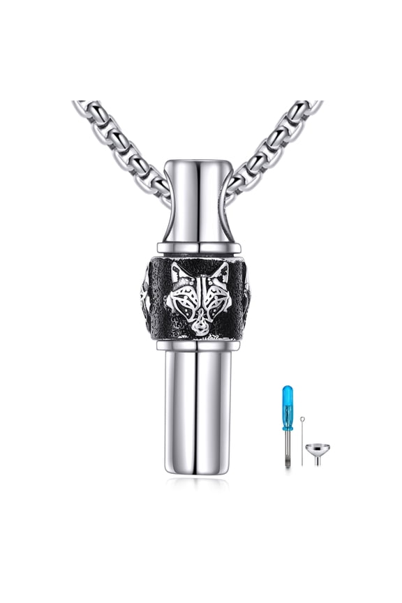 925 Sterling Silver Wolf Urn Necklace for Ashes Wolf Viking Cremation Jewelry for Men 20+2IN