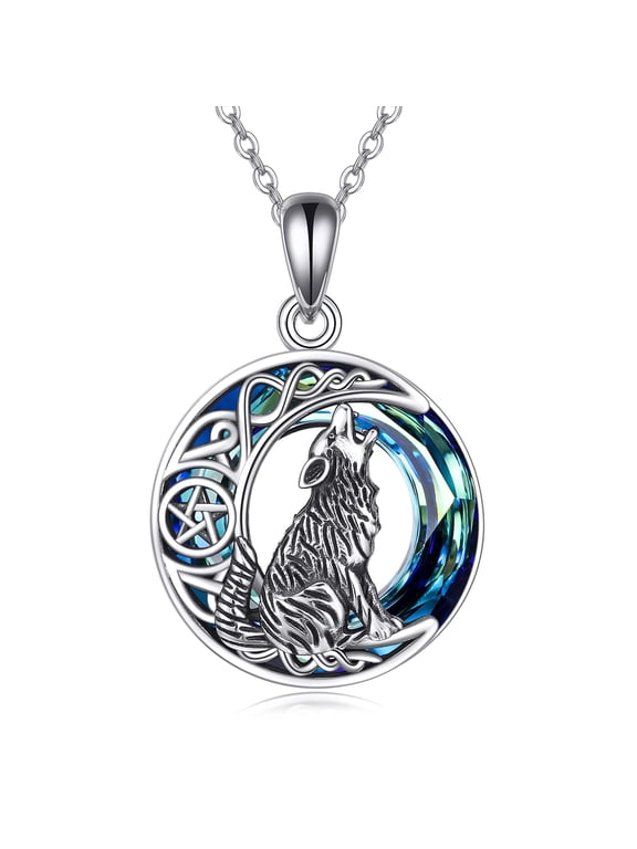 925 Sterling Silver Wolf Urn Necklace for Ashes for Women Celtic Moon Ashes Necklace Blue Crystal Cremation Jewelry for Women 18+2 inch